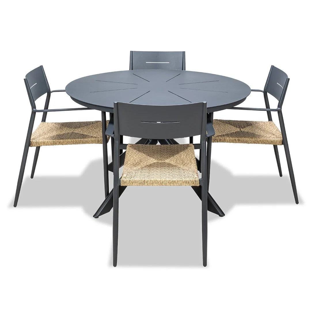 Sleek Round Table and 4 Cott Wicker Chairs - Gunmetal