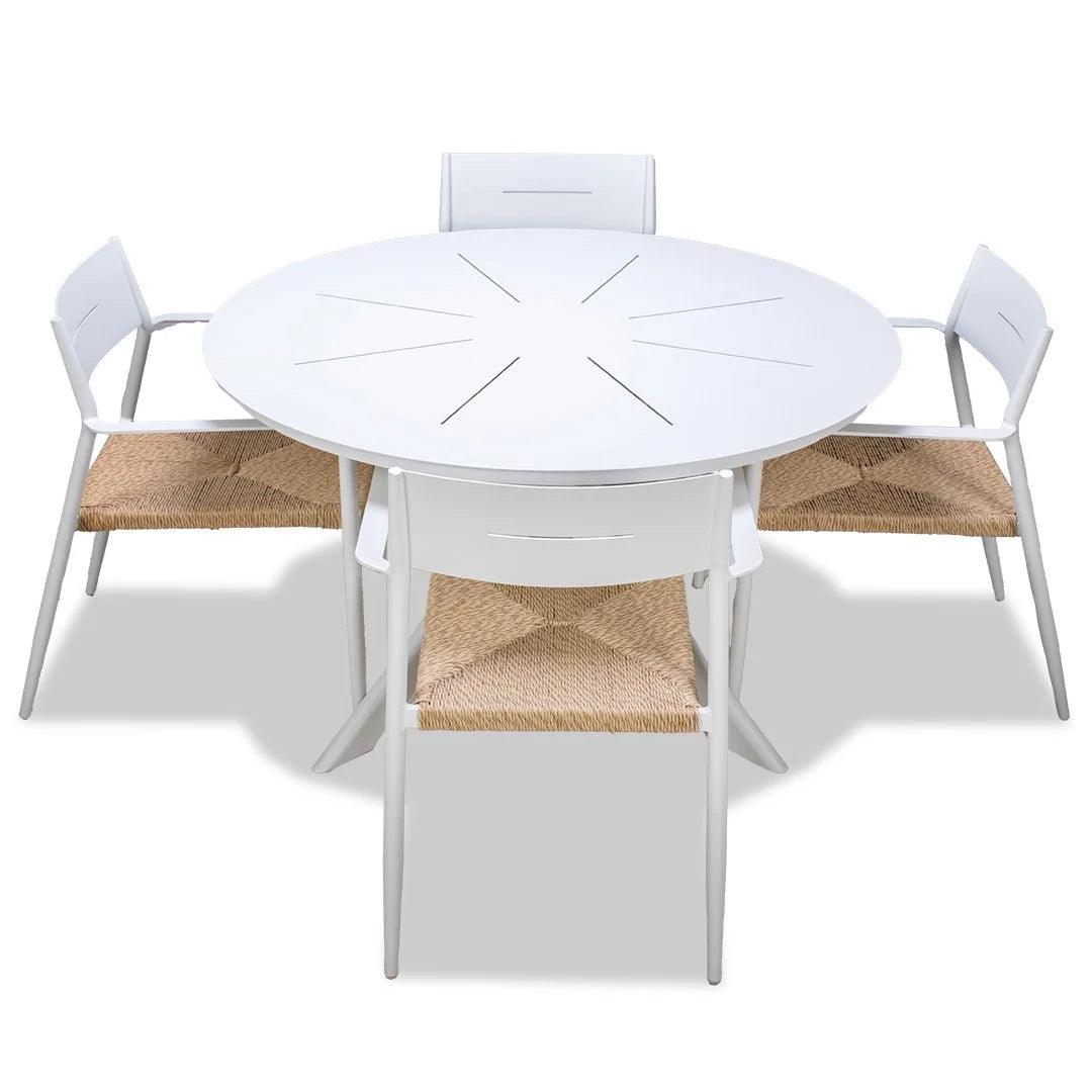 Sleek Round Table and 4 Cott Wicker Chairs - White