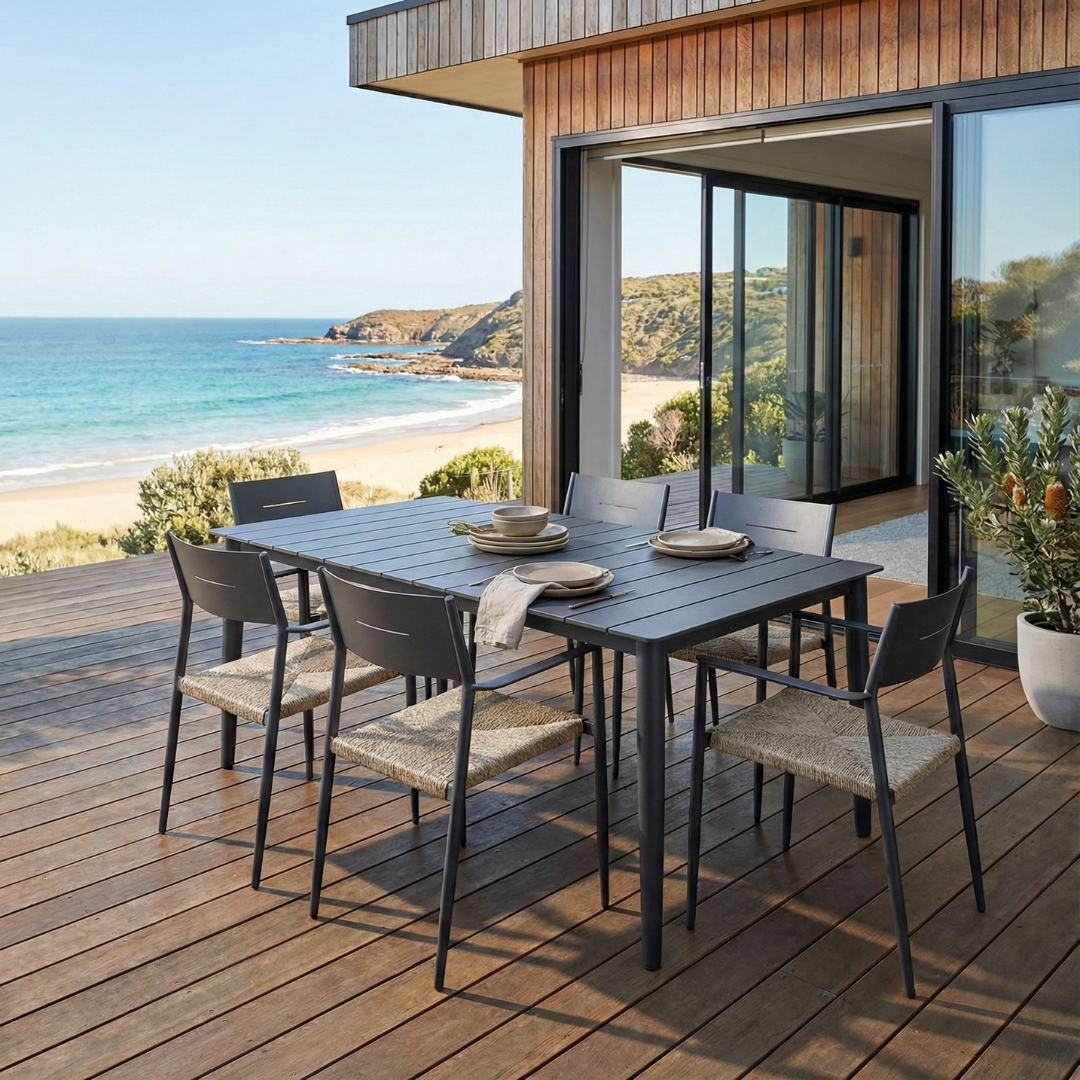 Cairns 7 Piece Outdoor Dining 1800mm - Cott Wicker Gunmetal Chairs