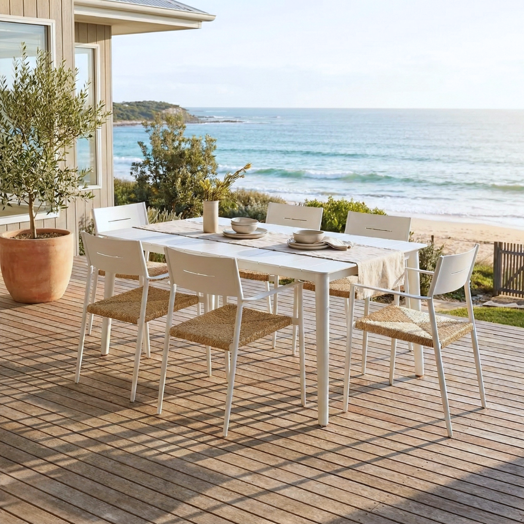 Cairns 7 Piece Outdoor Dining 1800mm - Cott Wicker White Chairs