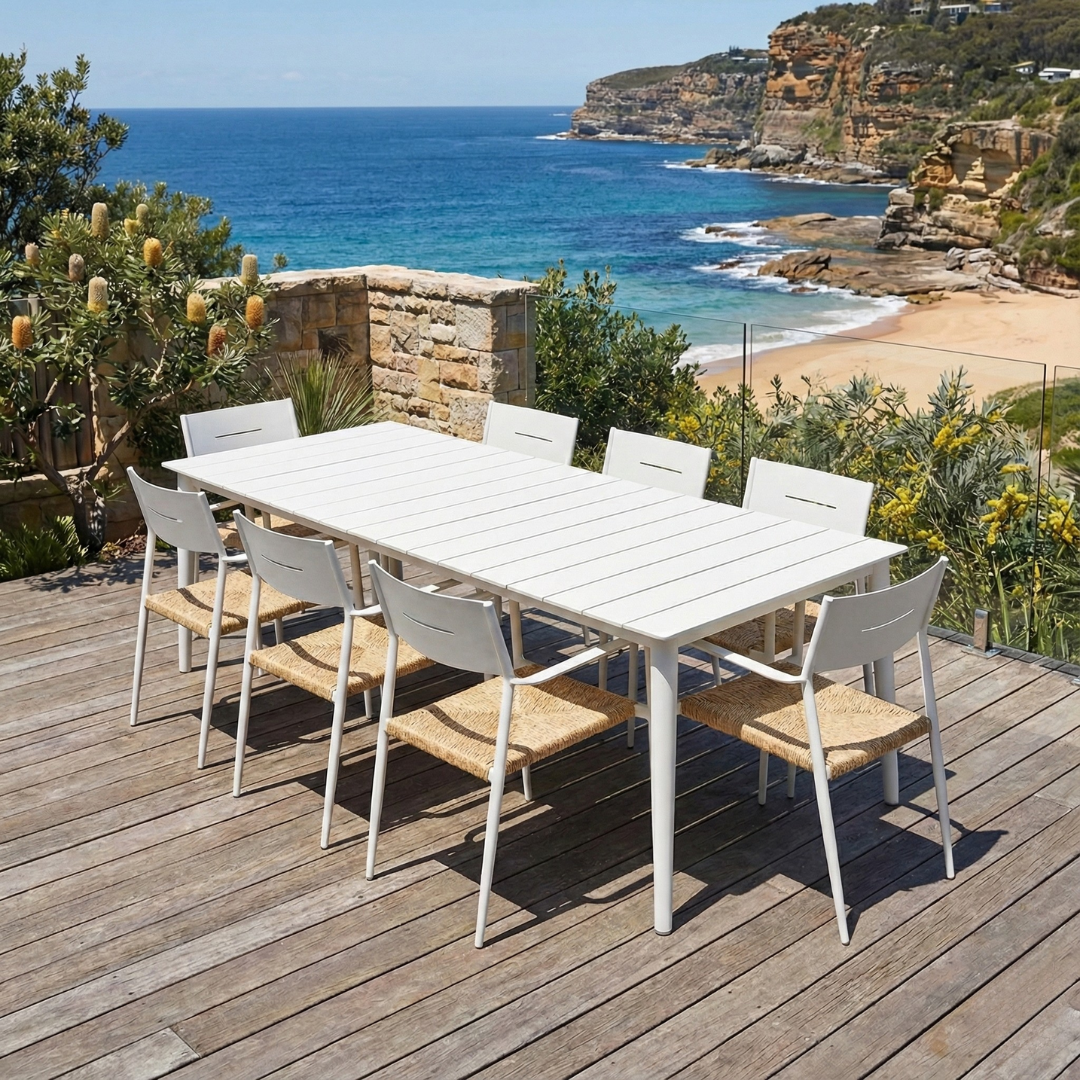 Cairns 9 Piece Outdoor Dining 2345mm - Cott Wicker White Chairs
