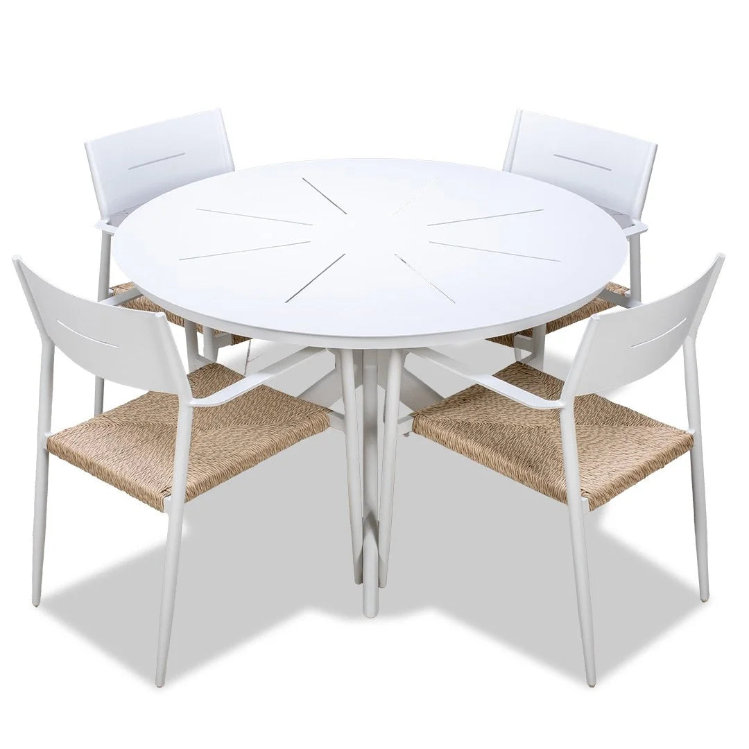 Sleek Round Table and 4 Cott Wicker Chairs - White