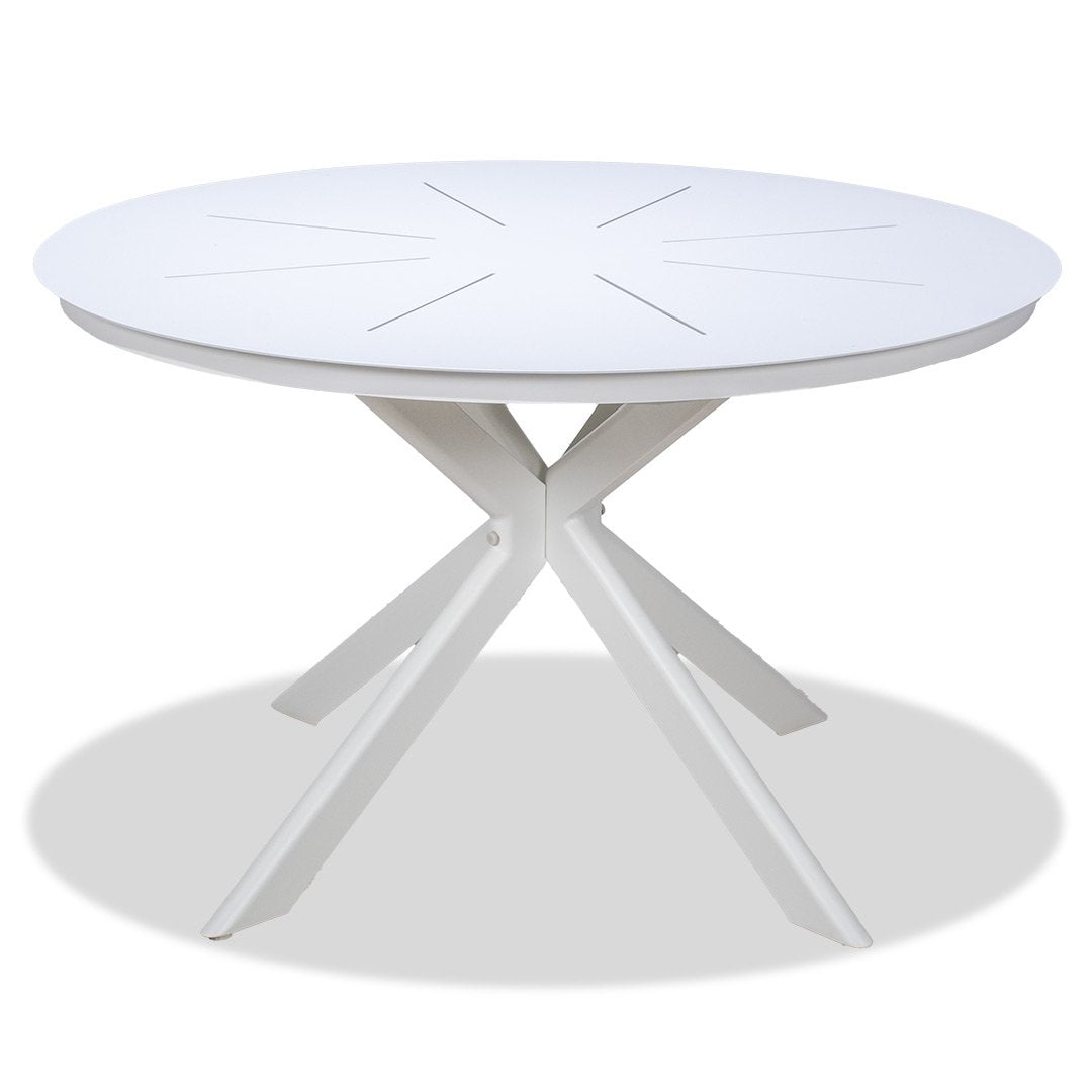 Sleek Round Table and 4 Cott Wicker Chairs - White