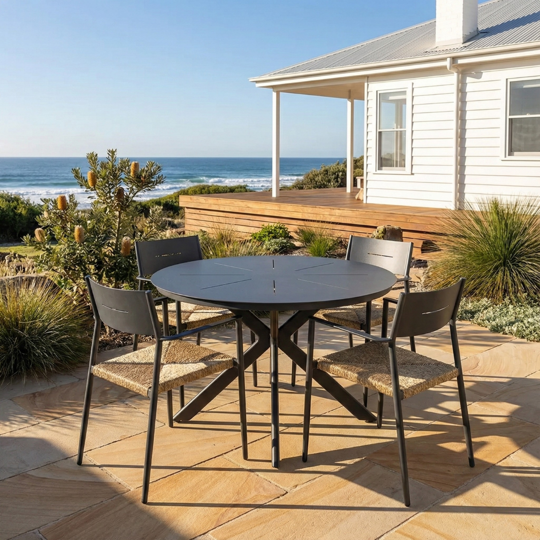 Sleek Round Table and 4 Cott Wicker Chairs - Gunmetal
